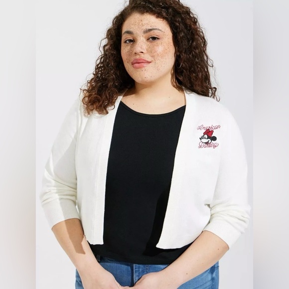 torrid Sweaters - Torrid Disney Minnie Mouse White Cropped Cardigan with Embroidered Accent